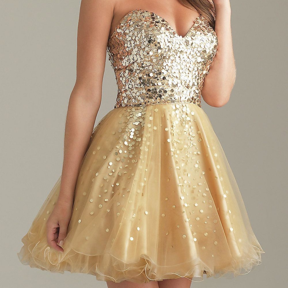 Night Moves gold sequin strapless homecoming dress